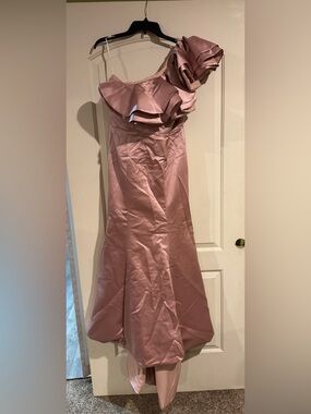 One-Shoulder Mauve Satin Ruffle Gown